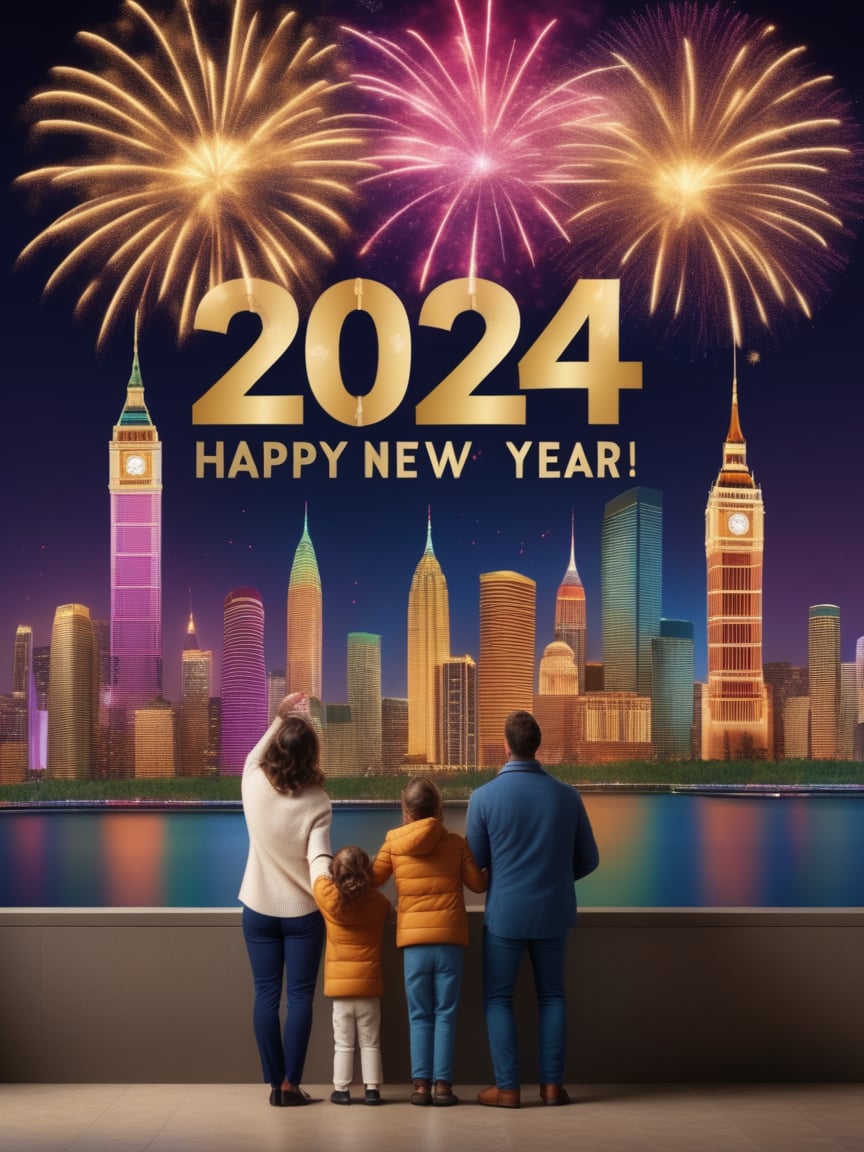 A family watches fireworks explode over a city skyline,with a sign that says ( "Happy New year":1.9) ( 2024:2) marking the beginning of the new year,realistic,best quality,