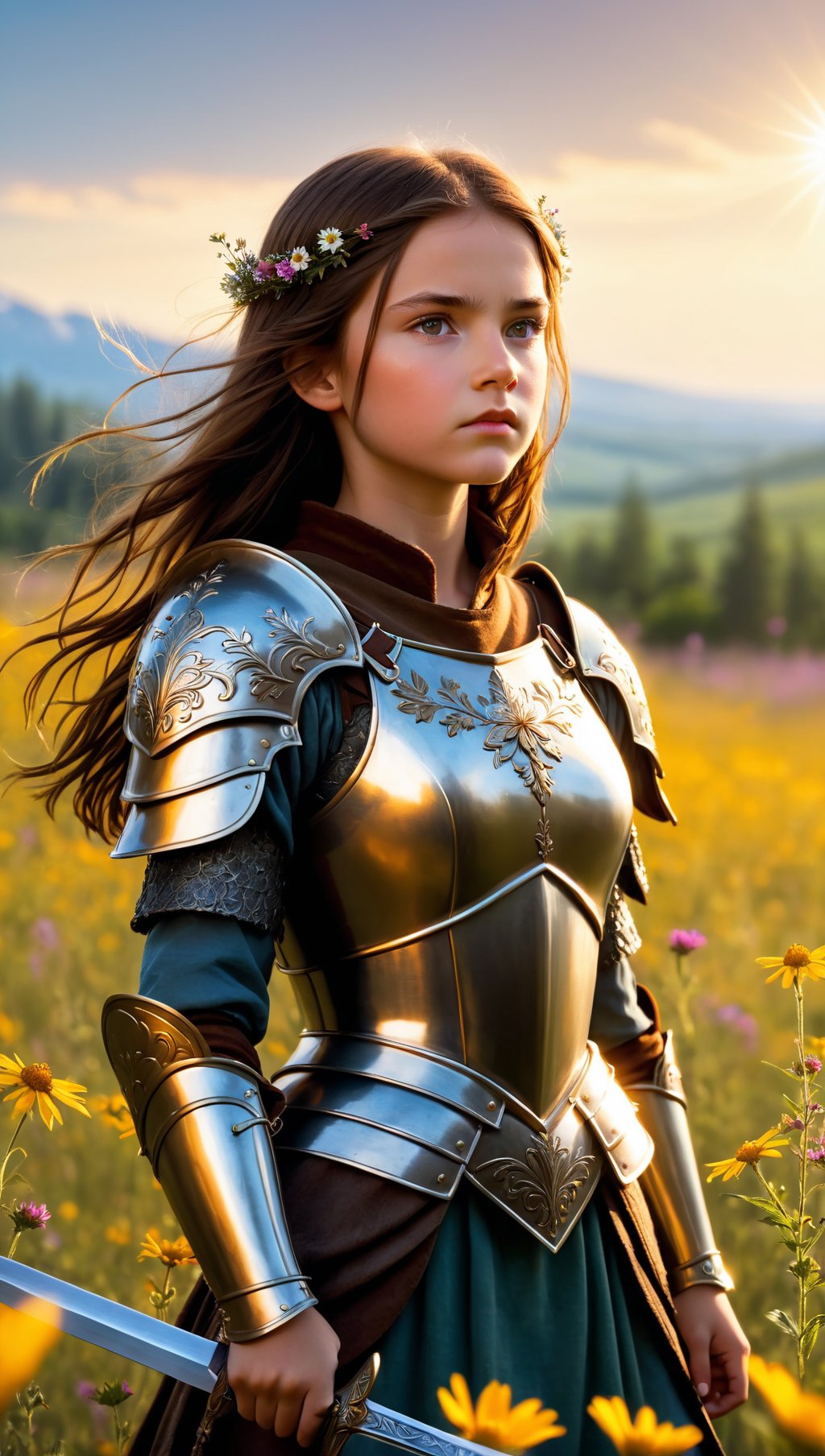 (masterpiece),(best quality),(extremely intricate),(sharp focus),(cinematic lighting),(extremely detailed),A young girl in armor,standing in a meadow of wildflowers. She is holding a sword. She has long brown hair adorned with wildflowers. Her expression is determined,and her eyes are shining with courage. The sun is shining brightly behind her,casting a golden glow over the scene.,flower4rmor,flower bodysuit,Flower,