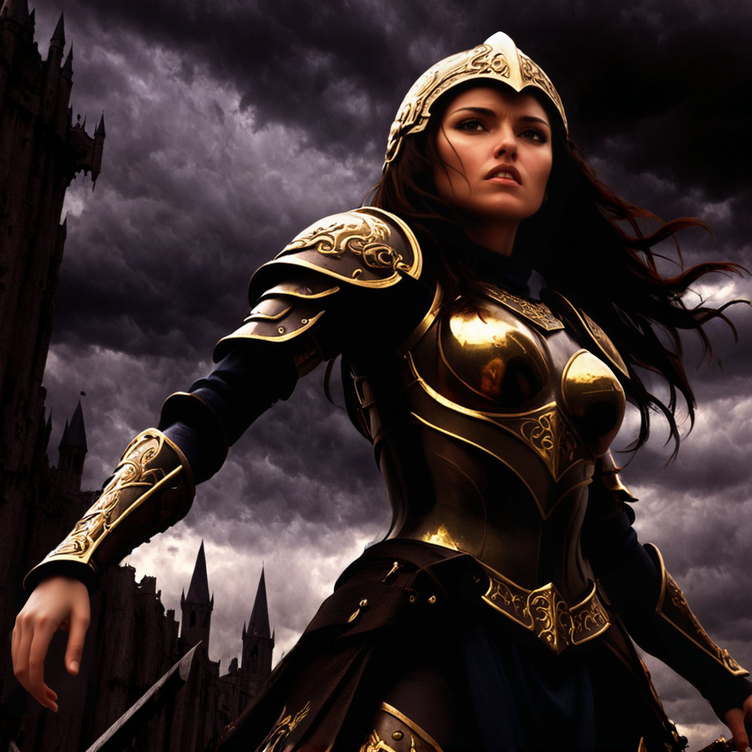 closeup low angle, A female warrior in dark, ornate armor, intricate helmet, her glowing long hair billows in the air, stands on a battlefield, chaotic scene, set against a backdrop of imposing structures silhouetted against a stormy sky, dramatic fantasy theme, characterized by expressive, dark surroundings, matte painting, insane detailed, light and shadow play, <lora:hand 4:1.2>