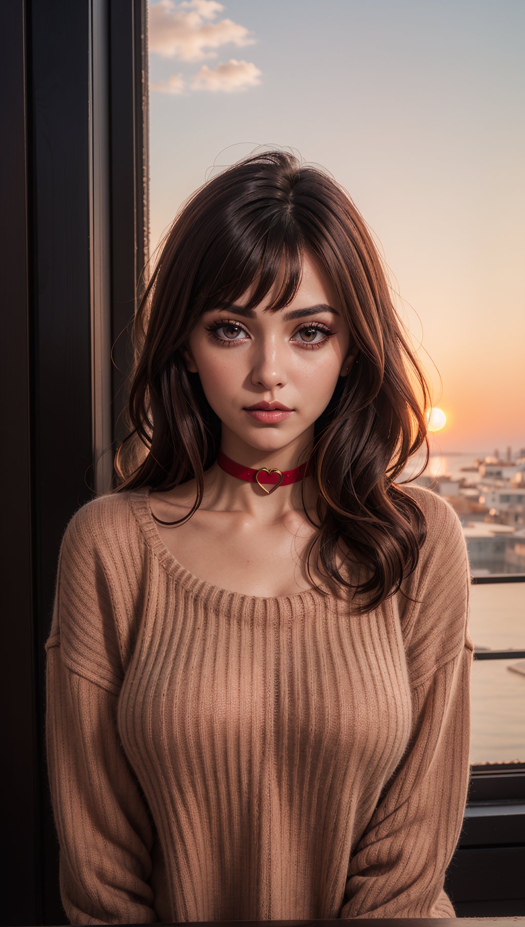 1 young cute iranian girl,very slim,skinny,redhead,rouge,red neck lace choker,cateyes makeup,colorful,oversize knit jumper,softcore,warm lighting,cosy atmosphere,Instagram style,red theme,upper body shot,(cinematic, black and red:0.85),(sunset beautiful background:1.3),sharp,dim colors,