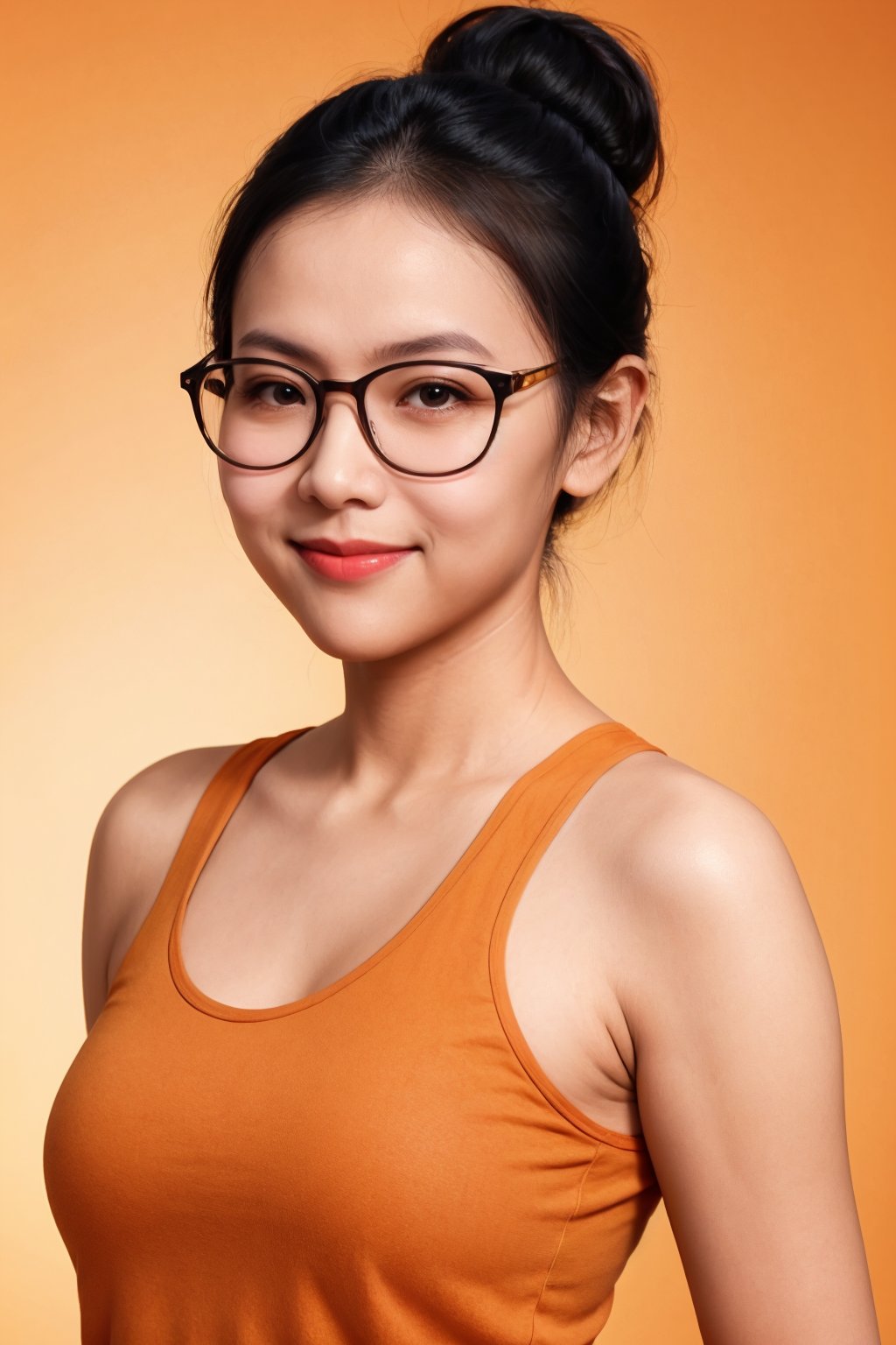 cute woman, chignon, glasses, upper body, light smile, cute makeup, (orange camisole), orange background, (oily skin:1.2)<lora:EMS-397553-EMS:0.800000>