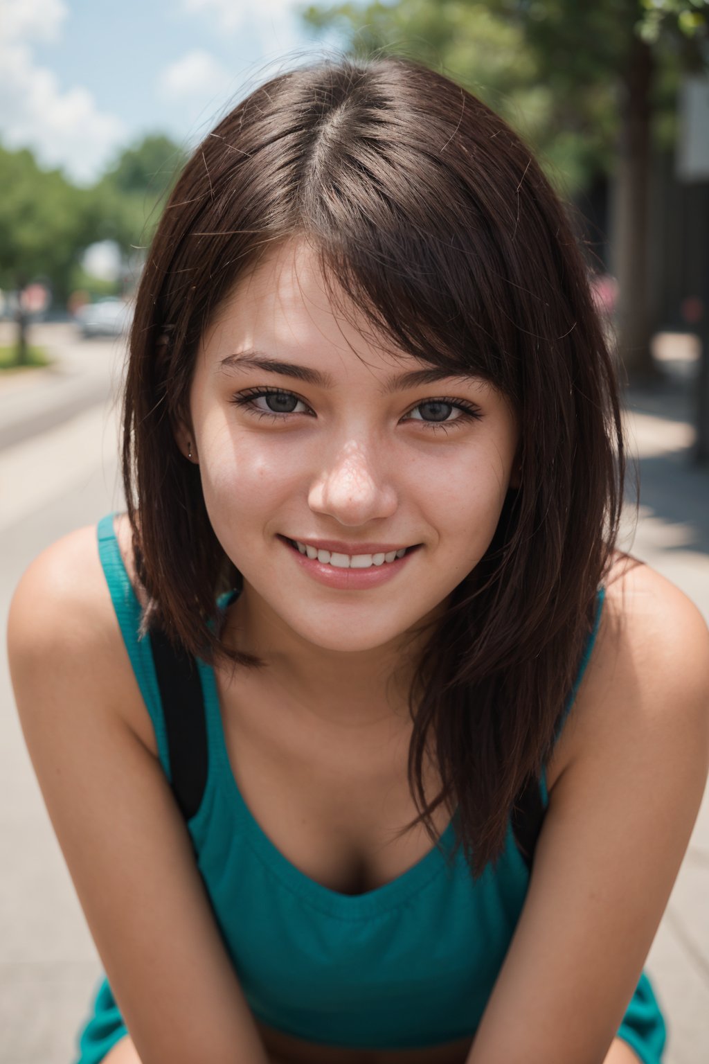 photo of a 18 year old girl, grin,evil grin, facing viewer,ray tracing,detail shadow,shot on Fujifilm X-T4,85mm f1.2,depth of field, realistic,