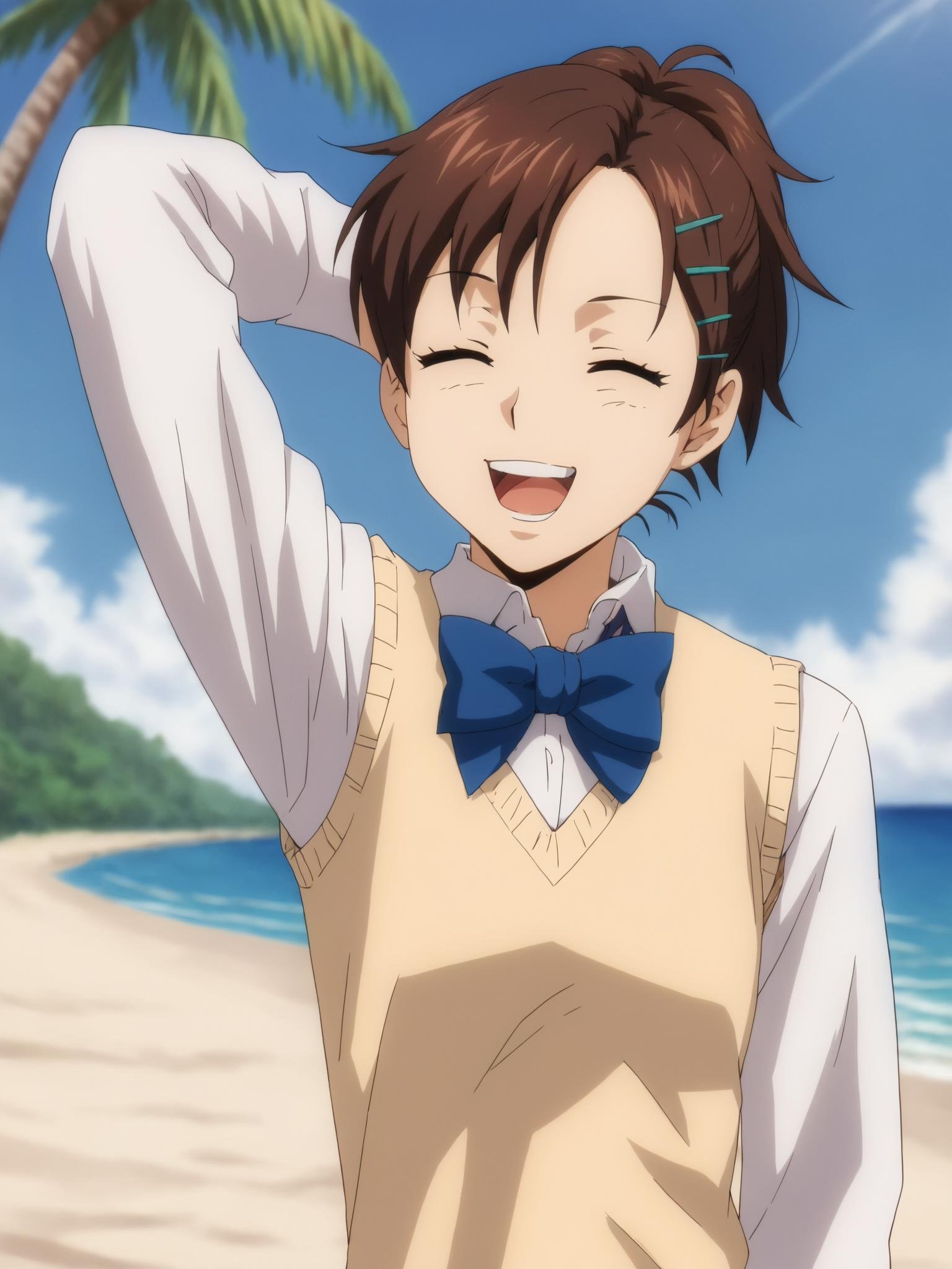 score_9, score_8_up,sharp focus,,  absurdres, highres, illustration, depth of field, beach, sand, palm trees, blue sky, , haruxl, 1girl, solo, smile, short hair, open mouth, brown hair, hair ornament, bow, school uniform, closed eyes, ponytail, hairclip, bowtie, parody, sweater vest, short ponytail, arm behind head,  <lora:haruxl:1>