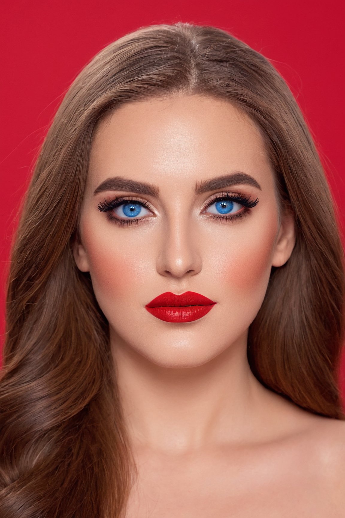 (best quality, 4k, 8k, highres, masterpiece:1.2), ultra-detailed, (realistic, photorealistic, photo-realistic:1.37),beautiful,woman,face makeup, long hair,looking at viewer,blue eyes,brown hair,mole,lips,eyelashes,makeup,lipstick,portrait,red background,eyeshadow,epaulettes,realistic,facepaint<lora:EMS-336819-EMS:0.700000>