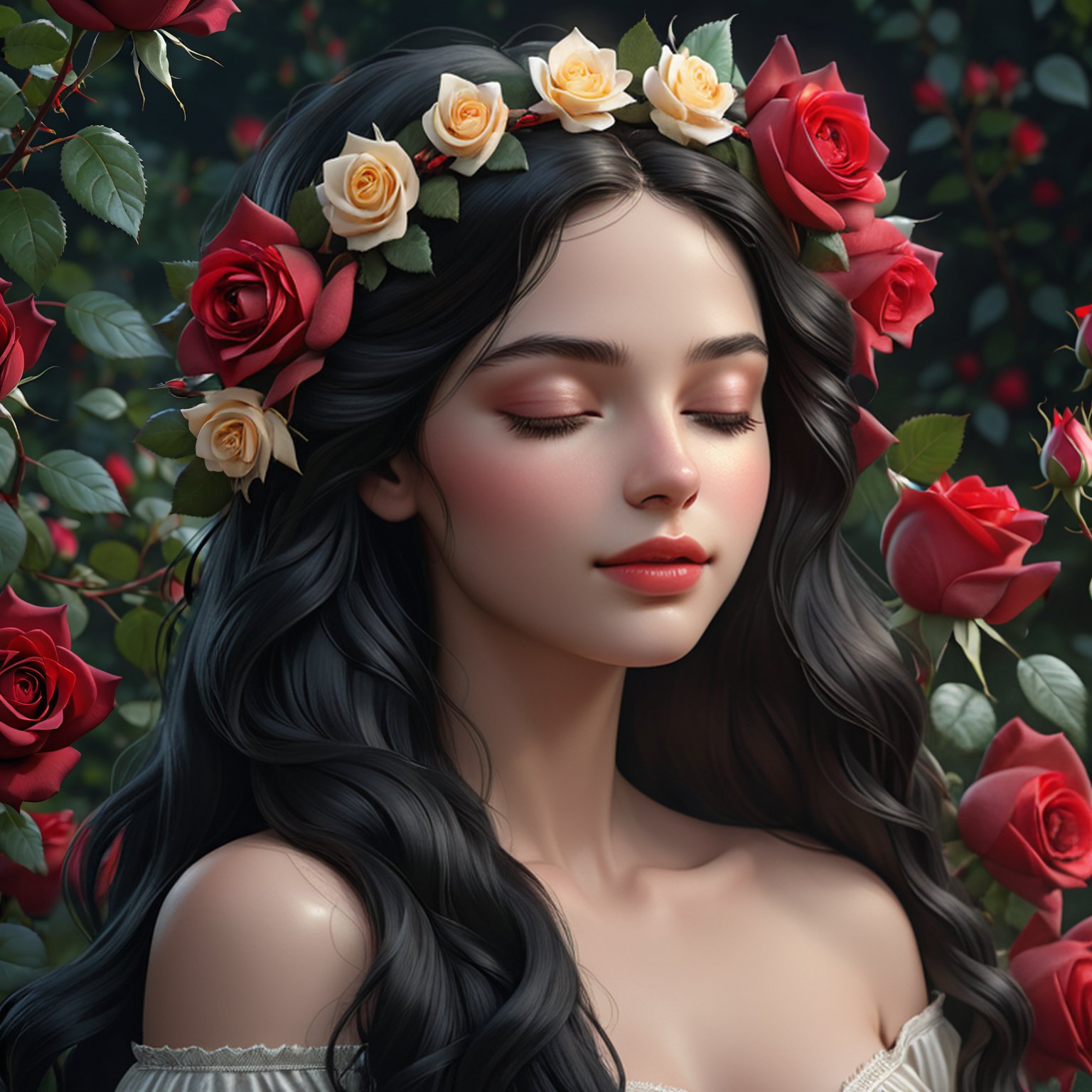Hyperrealistic art (masterpiece, best quality, ultra-detailed,  8K), high detail,  realisitc detailed, a beautiful young woman with long flowy black hair over off shoulders,  wreath,  radiant and beautiful eyes,  gently closed eyes,  pale soft skin,  kind smile,  glossy lips, details of colorful red roses, a serene and contemplative mood, dark botanical background, fashion shoot, cinematic pose . Extremely high-resolution details, photographic, realism pushed to extreme, fine texture, incredibly lifelike