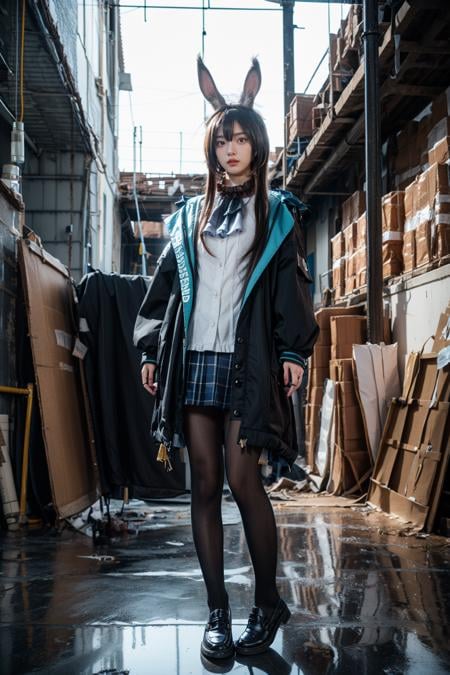 best quality,masterpiece,realistic,photorealistic,1girl,solo,looking at viewer,standing,full body,amiya cosplay costume,amiya,arknights,cosplay,long hair,brown hair,hair between eyes,rabbit ears,shirt,plaid skirt,pleated skirt,hooded jacket,coat,long sleeves,clothes writing,frilled ascot,anklet,thighlet,multiple rings,pantyhose,black pantyhose,black shoes,ruins,factory ruins,factory,dark,(factory interior background:1.5),<lora:Arknights_Amiya_cosplay_v1:0.7>,<lora:add_detail:0.6>,<lora:Background_Detail_v3:1.5>,
