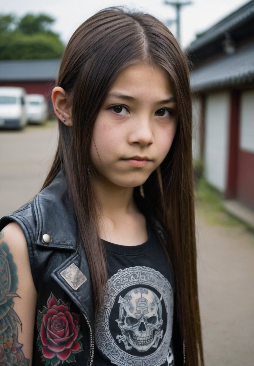 a preteen girl( 14 year old) , japanese ,long hair,  very pretty ,verycute ,very beautifull , cute , tattoo yakuza in the arm, wearing clothes punk style, not deformed , best quality , high face detailed, metal, 