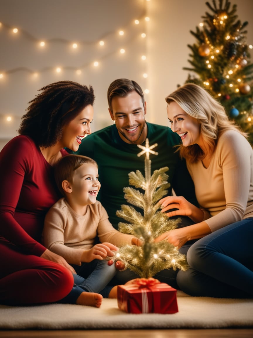 A family of four sits around a lit Christmas tree, smiling and laughing., realistic, best quality