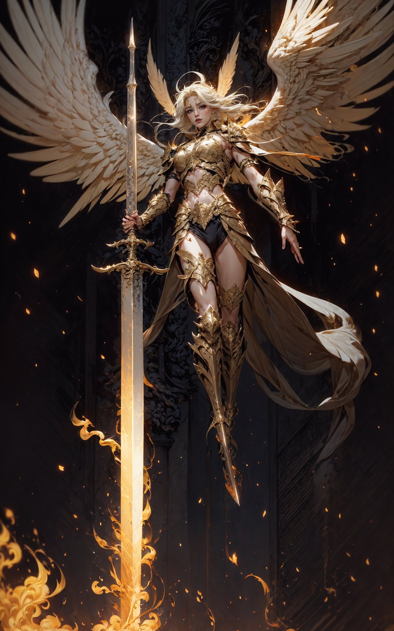 angel,Super powerful flame angel flies out of the clouds, behind him is golden meteor magic surrounding his body, Gothic style, gorgeous golden armor, huge flame great sword, rich background, sword art background, film shooting, depth of field, Super visual, Super visual ,bare shoulders，exposed abdomen，Flamboyant armour，Angel wings. Huge angel wings，<lora:绪儿-巨剑大天使V2 angel:0.8>