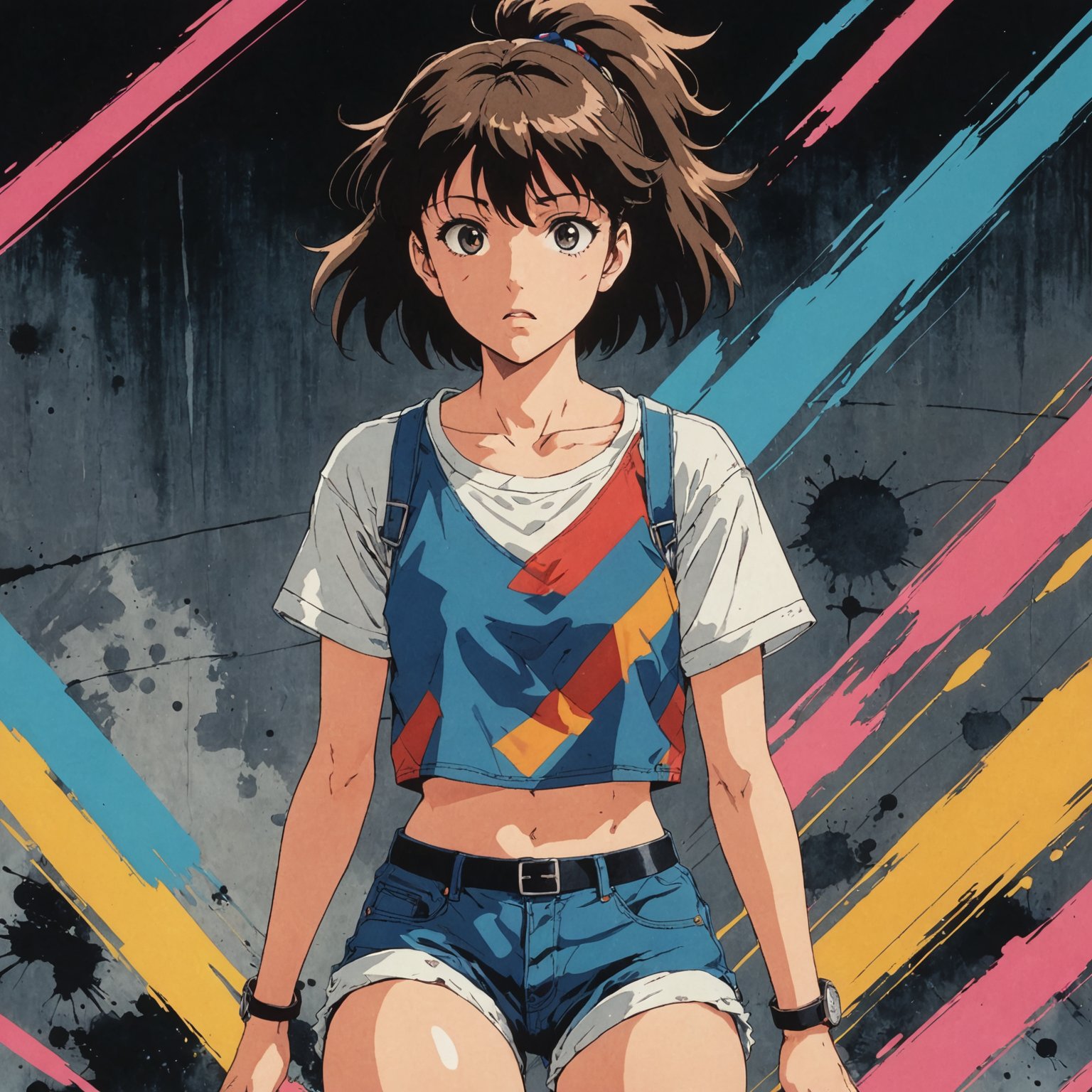 80's anime screencap, girl wearing a cropped top and short shorts, artistic rendition with wide brush strokes, anime comic