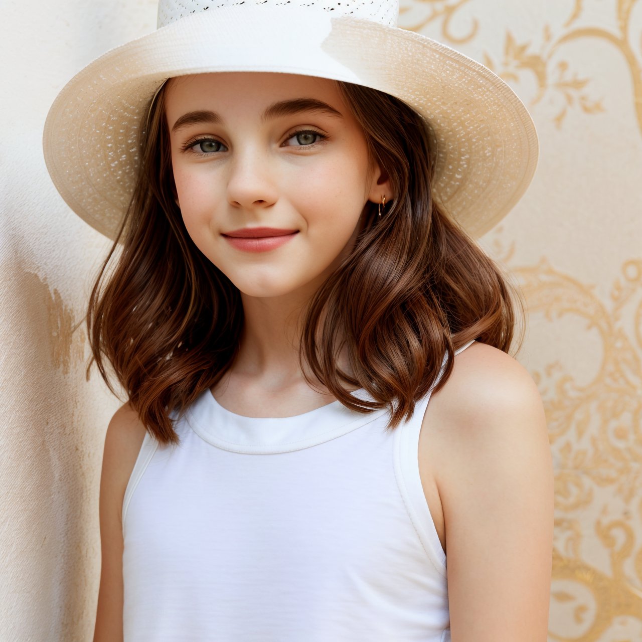 SFW, best quality, extra resolution, wallpaper, HD quality, HD, HQ, 4K, looking back, profile of cute (AIDA_LoRA_arusso:1.15) <lora:AIDA_LoRA_arusso:0.90> in a t-shirt and with a white hat posing for a picture in front of golden wall with pattern, leaning on wall, young teen girl, naughty, funny, happy, playful, intimate, flirting with camera, cinematic, insane level of details, intricate pattern, studio photo, kkw-ph1, hdr, f1.8