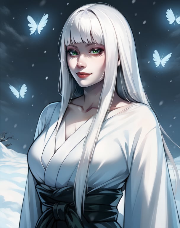 yuki,long hair,white hair,green eyes,blunt bangs,pale skin,kimono,standing,upper body,smile,edo japan,snow,butterfly,ice,(insanely detailed, beautiful detailed face, masterpiece, best quality),<lora:yukionna:0.8>,