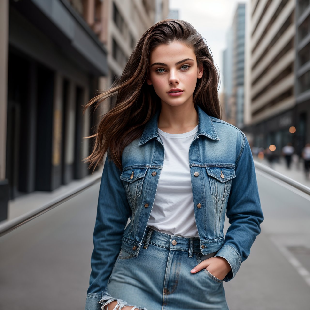 (masterpiece:1.3), best quality, extra resolution, looking at viewer, portrait of stunning (AIDA_LoRA_MeW2016:1.06) <lora:AIDA_LoRA_MeW2016:0.88> wearing a denim jacket and denim skirt posing on the street, little girl, pretty face, flirting, cinematic, dramatic, insane level of details, studio photo, studio photo, kkw-ph1, hdr, f1.7, getty images, (colorful:1.1)