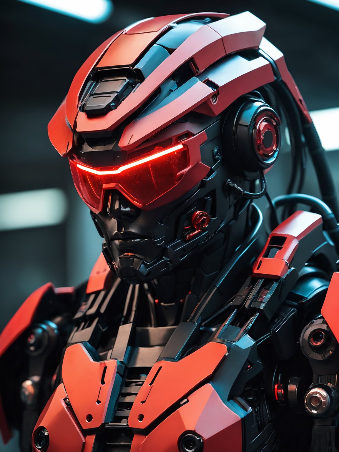 Futuristic soldier,robotic armor,cybernetic enhancements,red illuminated visor,detailed exoskeleton,matte black finish,tactical gear,science fiction themed,menacing presence,high-tech weaponry,dystopian warrior,red and black color scheme,close-up portrait,dramatic lighting,