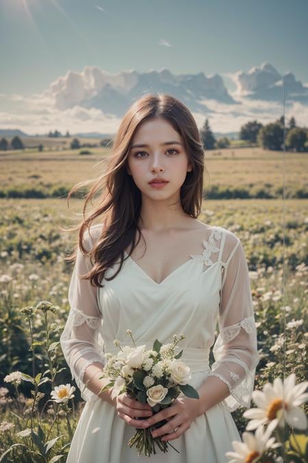 (realistic:1.3) , finely detailed, quality, (masterpiece:1.2) , (photorealistic:1.2) , (best quality) , (detailed skin:1.3) , (intricate details) , ray tracing, dramatic, 1 girl, (cute Ethereal Female), (film grain:1.2), Field, Meadow, Landscape, Farming, Sunshine, Flowers, Butterfly
