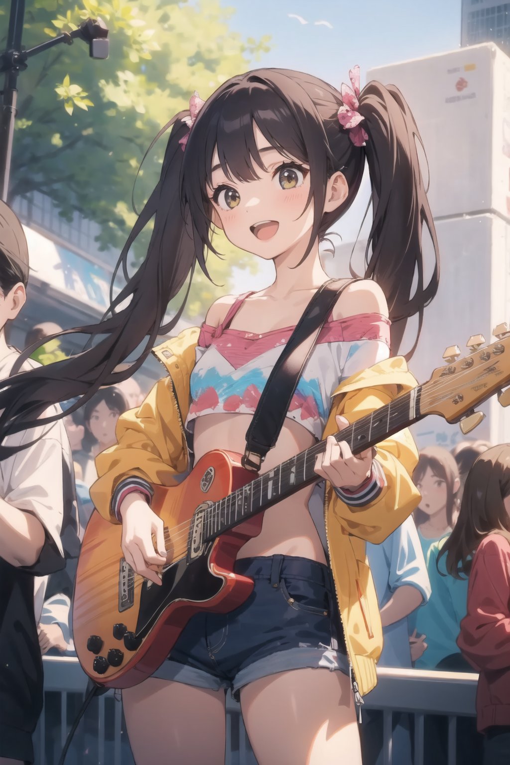 (masterpiece:1.2), 1girl, (playing guitar:1.1), outdoors, crowds, jacket, off shoulder, navel, long hair, short shorts, open mouth, happy, twintails, 