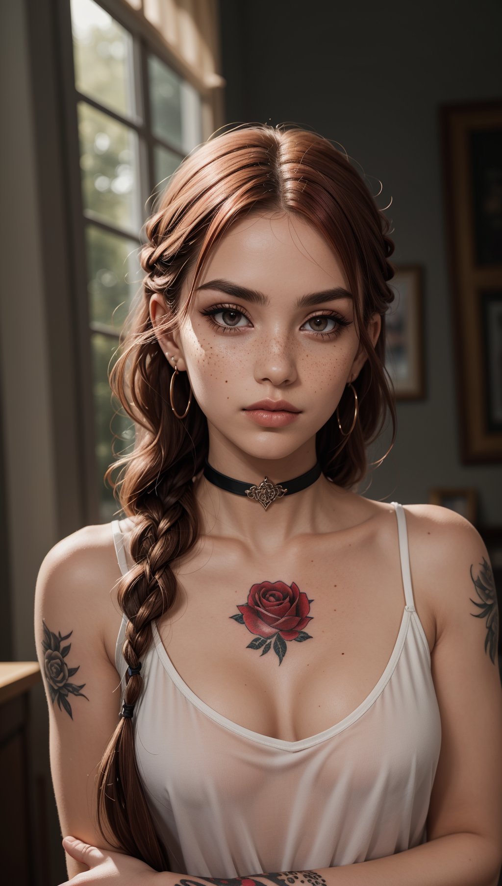 SFW,highest quality,woman,27 year old,backlighting,black choker,blurry background,blush,closed mouth,collarbone,earrings,forehead,freckles,hair over shoulder,jewelry,long hair,looking down,pointy nose,lips glossy,shadow,solo,thick eyebrows,thick eyelashes,upper body,red hair,braids,tattoos,tattoos on arms,black rose tattoos on neck,sun beams,warm light,cozy,((masterpiece)),