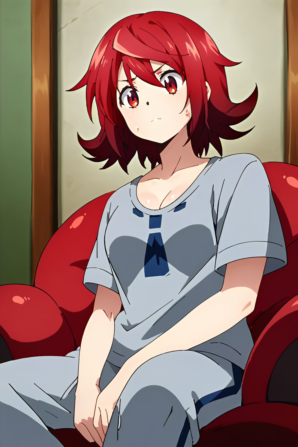 1girl, solo, lustrous skin, shiny skin, score_9, score_8_up, score_7_up, rating questionable, masterpiece, best quality, aesthetic, detailed background, (dynamic:1.3), red hair, short hair, red eyes, grey shirt, sweatpants, looking down, cleavage, sitting, indoors<lora:EMS-405421-EMS:1.000000>