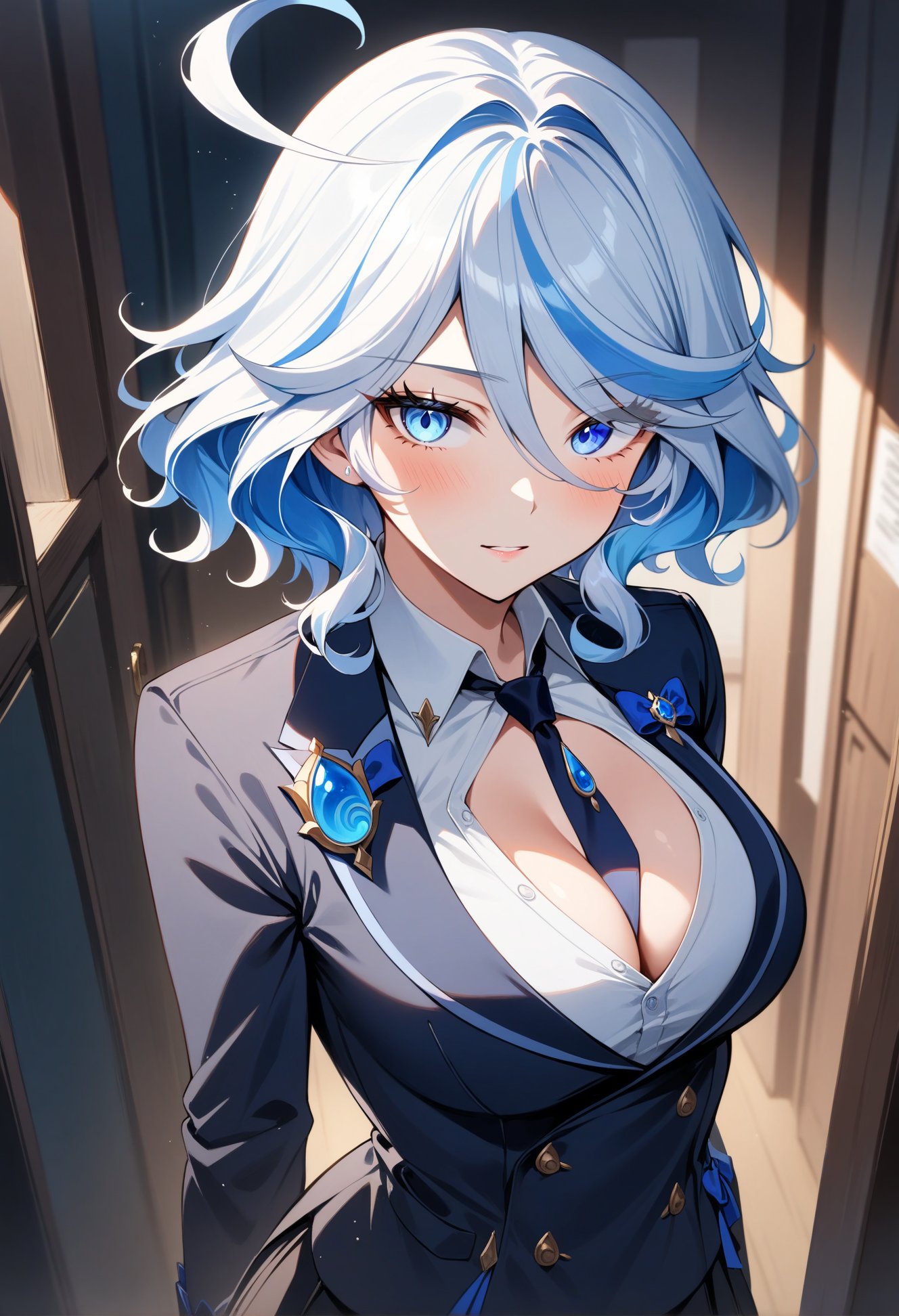 furina \(genshin impact\), genshin impact,(masterpiece,best quality,high quality:1.1,late),absurdres,highres,ultra-detailed,HDR,glowing lighting,close up,1girl,solo,(half-closed eyes:1.2),mature female,medium breasts,standing,cleavage,(collared shirt, skirt, school uniform, necktie), happy, open mouth smile, ((complex background,colorful background,school road, school gate, brick wall, flower pots, cherry trees, falling petals)),dynamic poses,artist:criin,artist:yolanda,artist:ponnyu12,