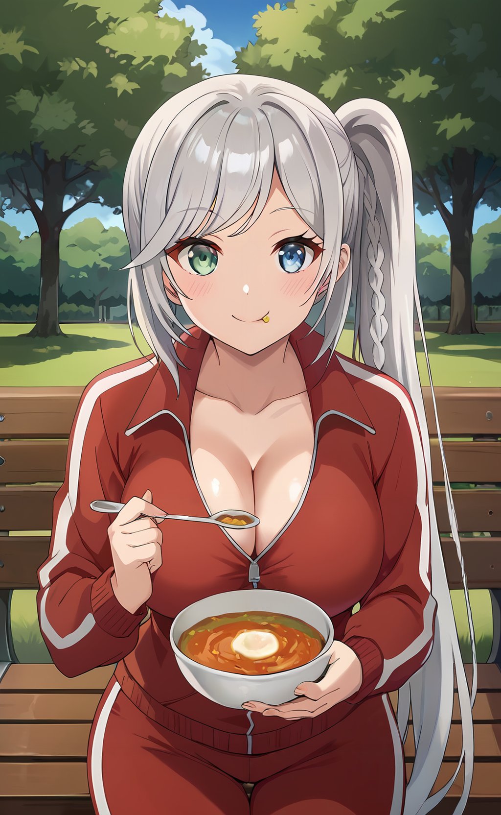 score_9, score_8_up, score_7_up,  <lora:Livia_de_Udis:1> livia_wz, very long hair, side ponytail, grey hair, heterochromia,  blue eyes, green eyes, braid, large breasts, red jacket, track jacket, track suit, red pants, track pants, cleavage, long sleeves, cowboy shot, eating, holding bowl, soup, park, park bench, nature, looking at viewer, smile, light blush, day