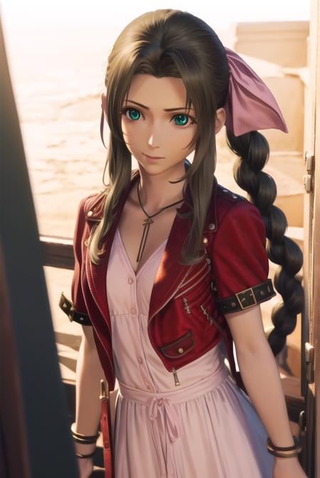 aerithgainsborough, <lora:aerith gainsborough ingame-lora-nochekaiser:1>,aerith gainsborough, long hair, brown hair, bow, ribbon, (green eyes:1.3), hair ribbon, pink bow, braid, braided ponytail, single braid, smile,BREAK dress, jewelry, jacket, bracelet, red jacket, cropped jacket, white dress,BREAK outdoors,BREAK looking at viewer, dynamic pose,BREAK <lyco:GoodHands-beta2:1>, (masterpiece:1.2), best quality, high resolution, unity 8k wallpaper, (illustration:0.8), (beautiful detailed eyes:1.6), extremely detailed face, perfect lighting, extremely detailed CG, (perfect hands, perfect anatomy),