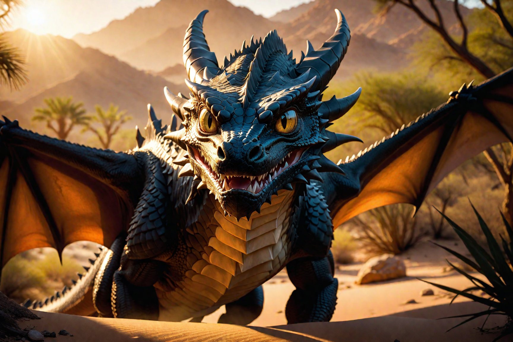 cinematic film still high quality, half-body shot, facing camera, face front, close-up, photograph of a dragon, high resolution, high contrast, ray of light, light on the eyes, hard shadow, Embarrassed, national geographic cover, desert forest, sunset, dark theme . shallow depth of field, vignette, highly detailed, high budget, bokeh, cinemascope, moody, epic, gorgeous, film grain, grainy