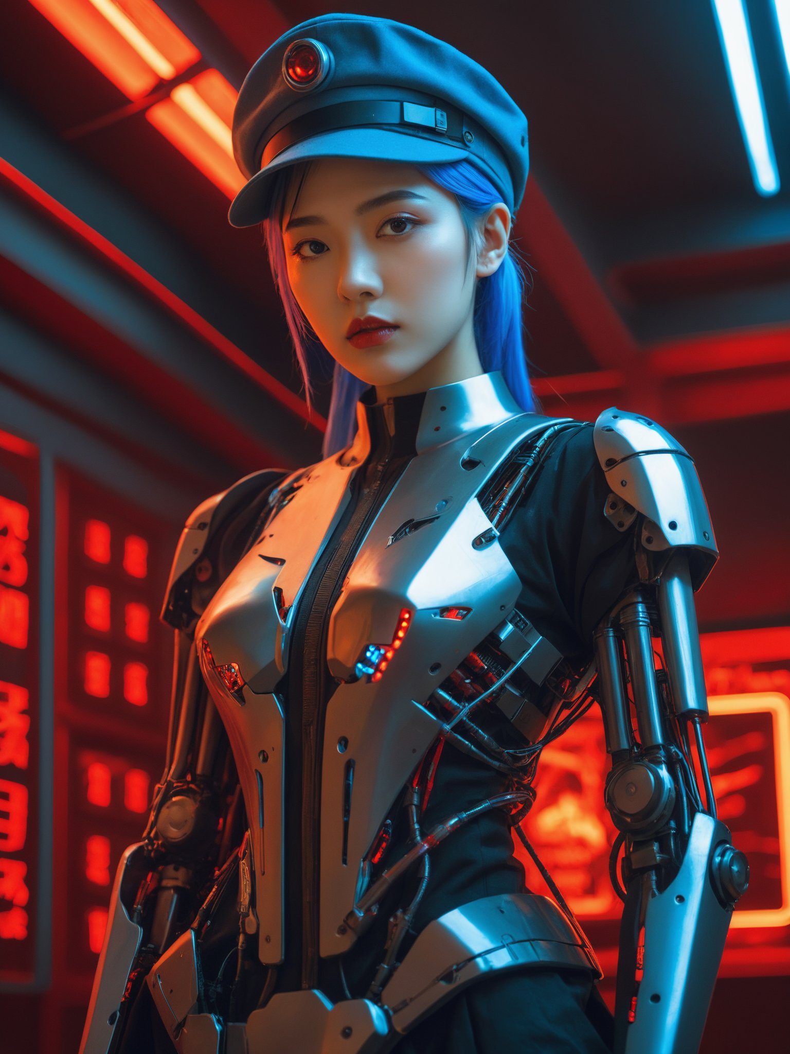 Realistic,Masterpiece,18 - year - old, solo, looking_at_viewer, simple_background, black_hair, upper_body, red_background, science_fiction, android, cable, straight-on, cyborg, robot_joints, cyberpunk, mechanical_parts, a woman with blue hair and a hat with a red light, Augmented detective's lair, holographic crime scene recreations hover above vintage noir-style furniture, creating an intriguing juxtaposition.,32k UHD,chinese girls,full_body,dynamic angle,