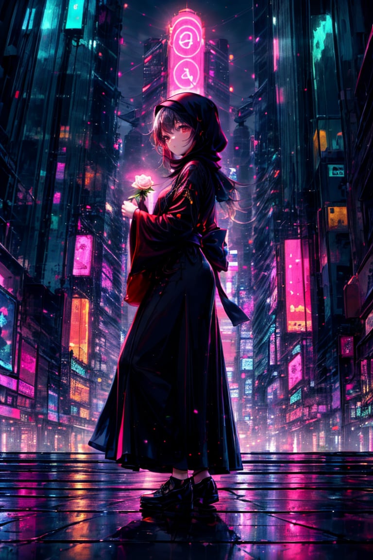 (((half_body view))), A woman stands confidently in the midst of a cyberpunk cityscape, surrounded by neon-lit skyscrapers and holographic advertisements. She wears a traditional Muslim abaya with golden folds illuminated by soft light. In her hand, she holds a vibrant red rose against a creamy white and pink gradient background. The brushstroke artwork captures the gestural abstraction of her pose, with delicate facial features softly lit.<lora:EMS-385092-EMS:0.700000>, <lora:EMS-50097-EMS:0.800000>, <lora:EMS-179-EMS:0.800000>