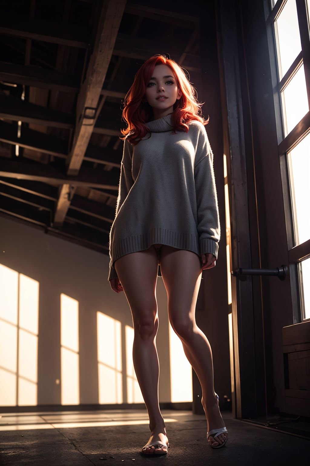 masterpiece, best quality, 8k, moody instagram photo, lower body photo of 32 years old woman, from below, dressed in long oversized sweater, teasing nudity, dirty fiery red hair, color gradient, bright tips of hair, sun-kissed skin, happy, cute smile, beautiful hazelnut eyes, hard shadows, dark, nighttime, overexposed filter, silhouetted against the bright light, Finely Articulated, Crisp Definition, 35mm photograph, high resolution, detailed, raw photo