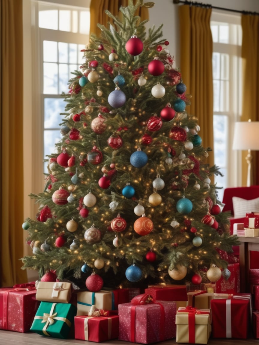 A Christmas tree is decorated with ornaments of all shapes and sizes, creating a festive atmosphere., realistic, best quality