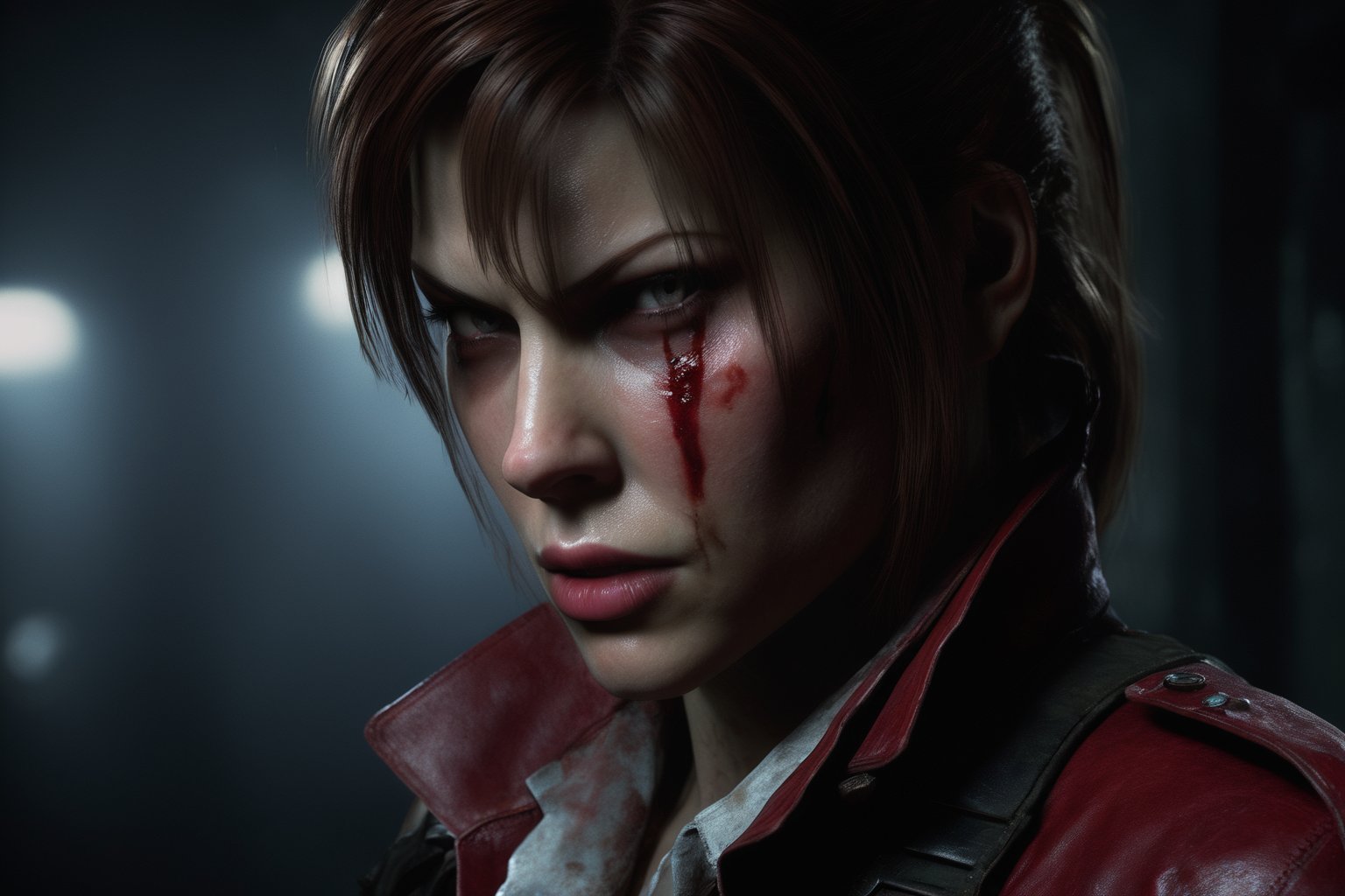 close up of a scary Claire Redfield from resident evil, rusty environment background, a character portrait, trending on deviantart, dark atmoshopere, riot entertainment realistic, techno, peter hurley, costume design, taken with hasselblad H6D 100c, the HCD 24mm lens, old master,
