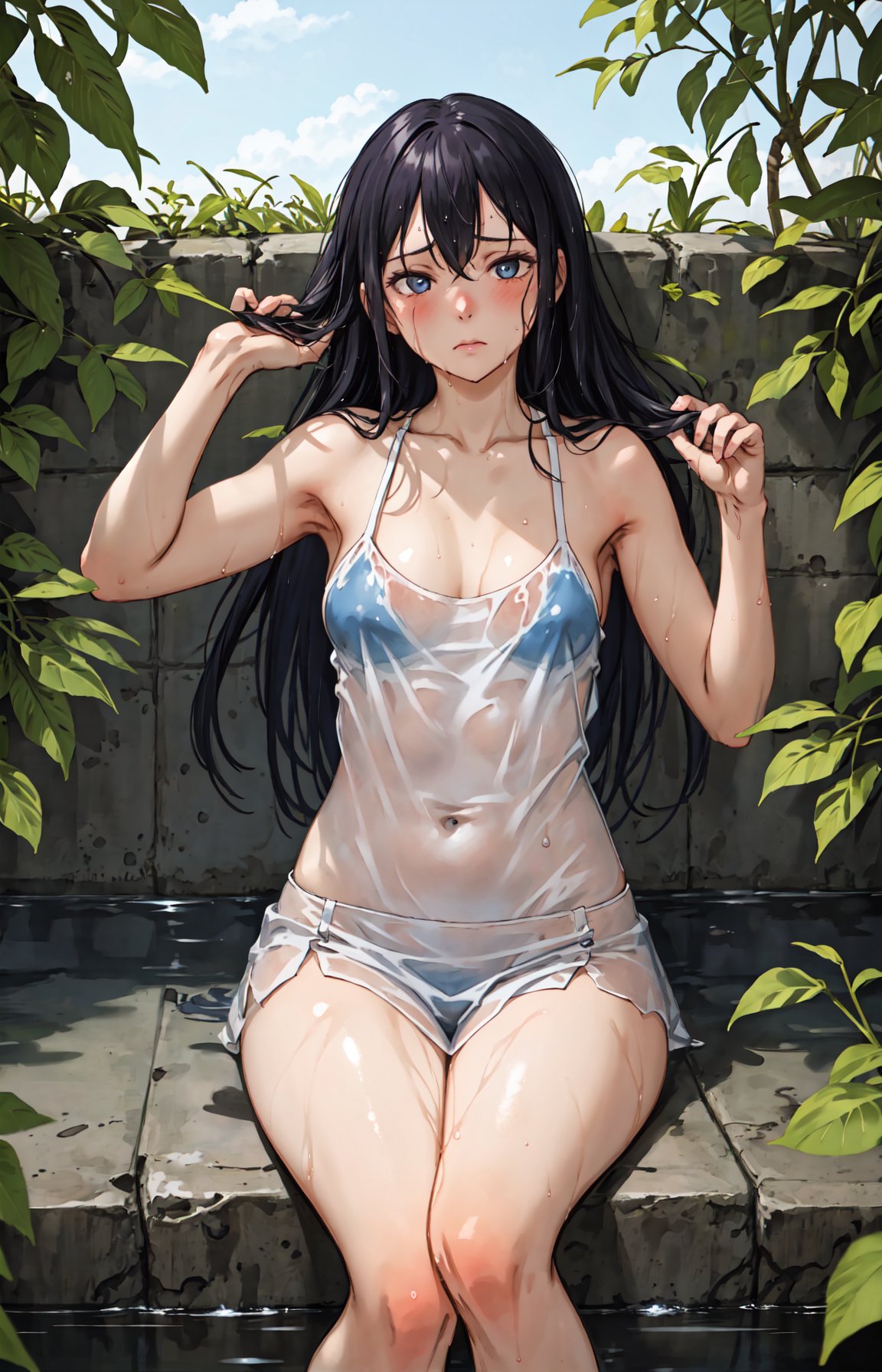 best quality, detailed background, girl, spring,shy,solo,  breath, wet:0.6,tired