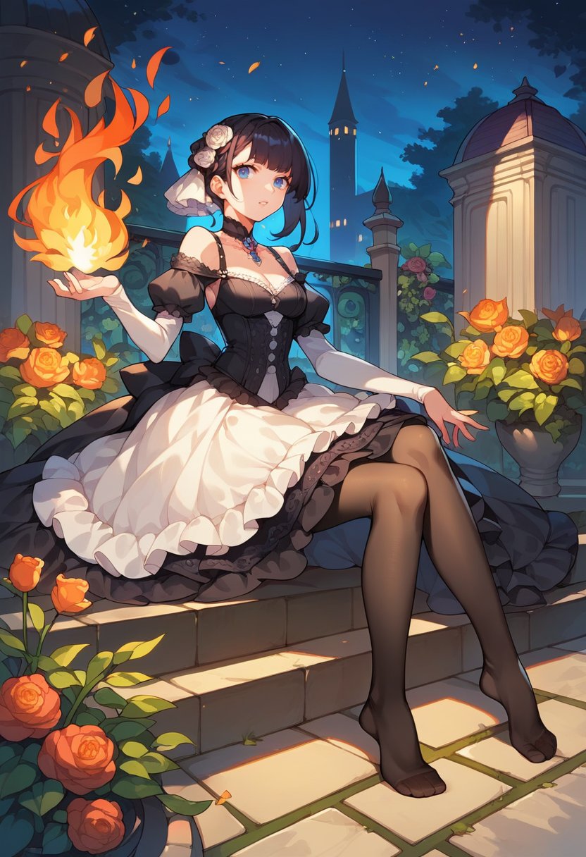 (score_9), score_8_up, highres, 1girl, anime,  elegant gothic dress, garden, sitting, dynamic pose, pantyhose, no shoes, ((fire)), evening, night