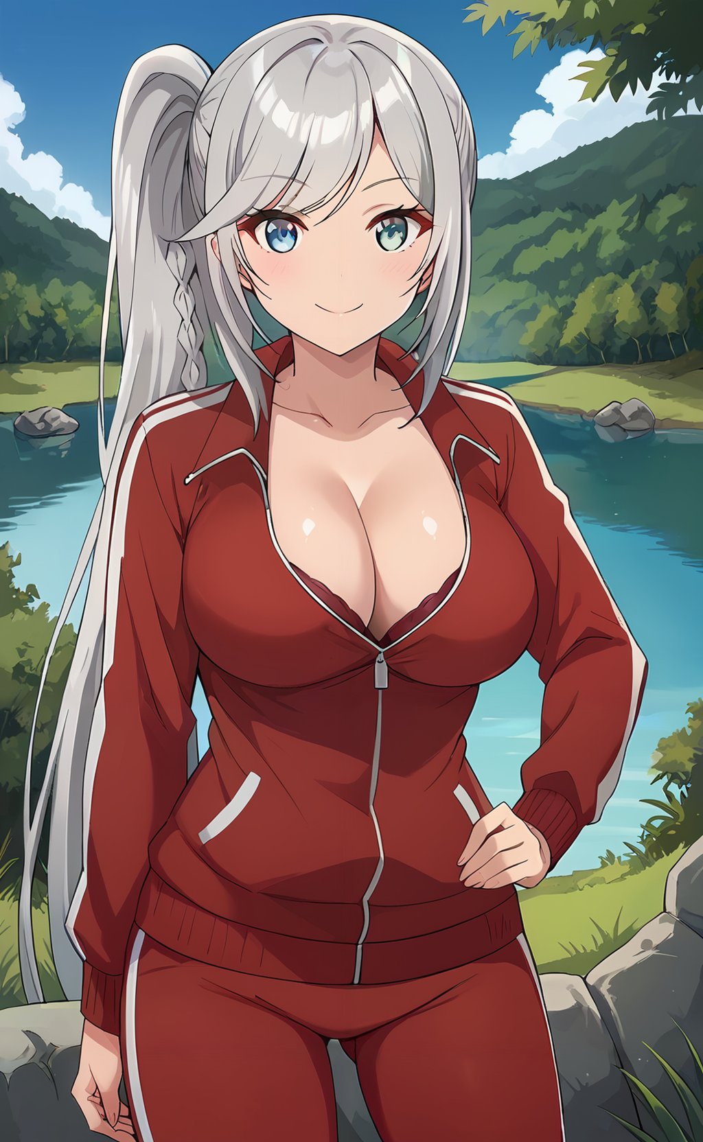 score_9, score_8_up, score_7_up,  <lora:Livia_de_Udis:1> livia_wz, very long hair, side ponytail, grey hair, heterochromia,  blue eyes, green eyes, braid, large breasts, red jacket, track jacket, track suit, red pants, track pants, cleavage, long sleeves, standing, cowboy shot, looking at viewer, smile, hand on hip, bridge, rock, river, nature, grass, day, cloud