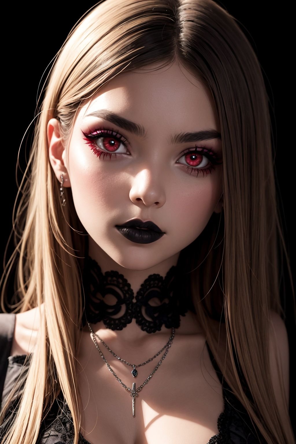 Goth girl 1girl,solo,long hair,looking at viewer,red eyes,jewelry,necklace,makeup,lipstick,black background,portrait,glowing eyes