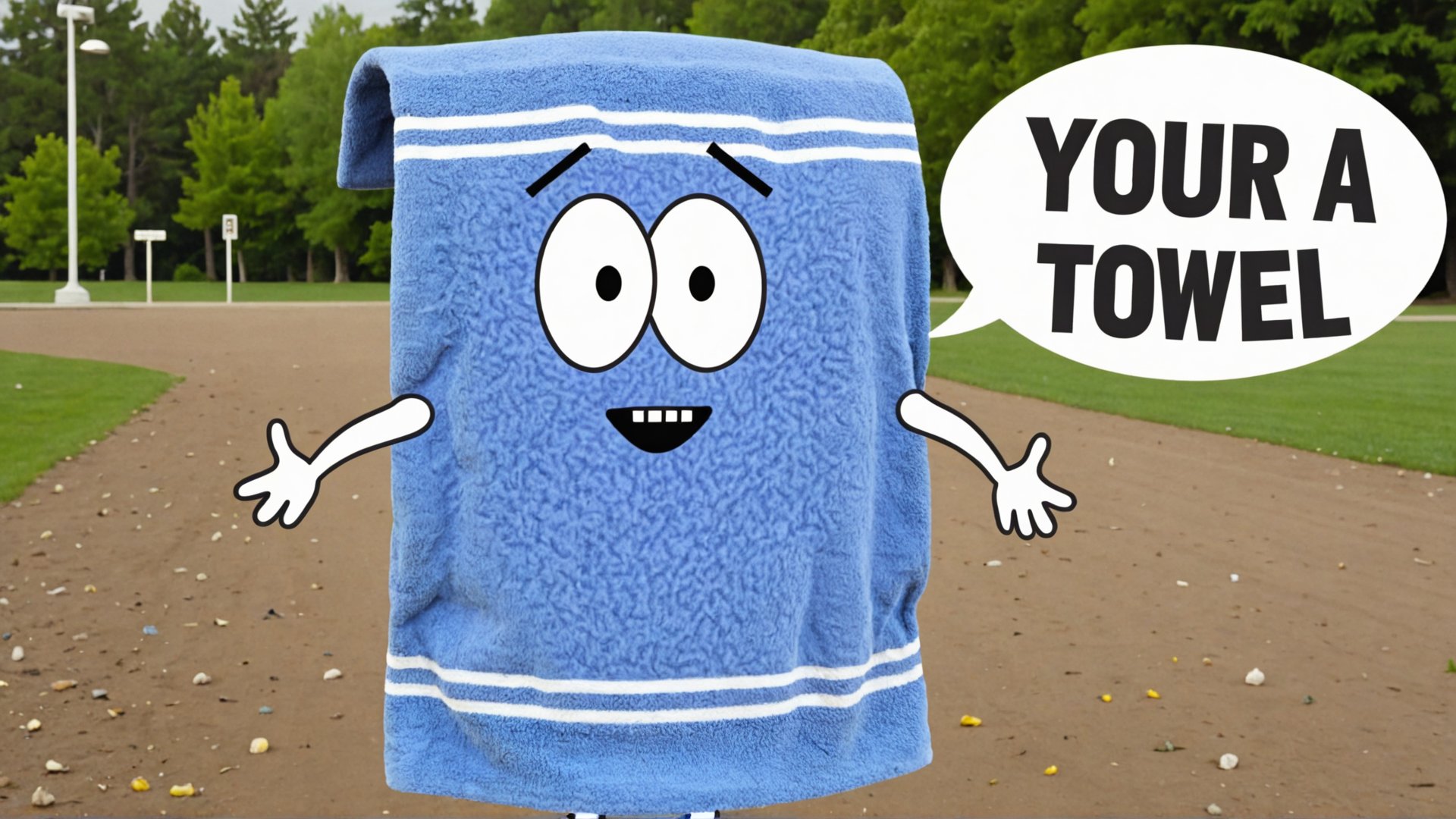 Photo of Towelie at the park with a text bubble that says "your a towel" <lora:Towelie_v420:0.8>