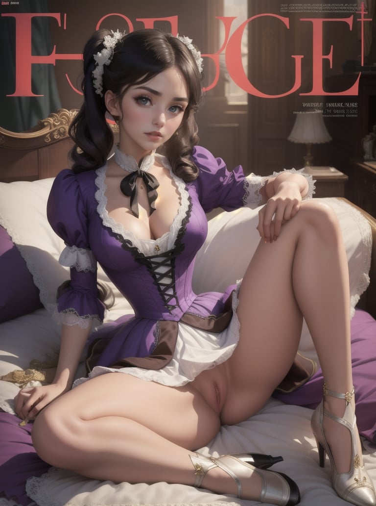 8k, masterpiece, highly detailed, high quality,1girl, wearing a dark purple (victorian dress), <lora:victorian_dress-SD-2.0:1>magazine cover, satin dress, huge breasts, black hair, twintails, spread legs, spreading pussy, fashion magazine, open clothes