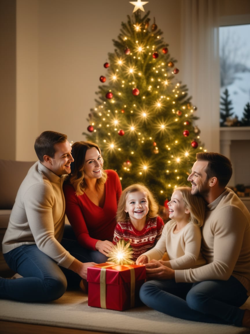 A family of four sits around a lit Christmas tree, smiling and laughing., realistic, best quality