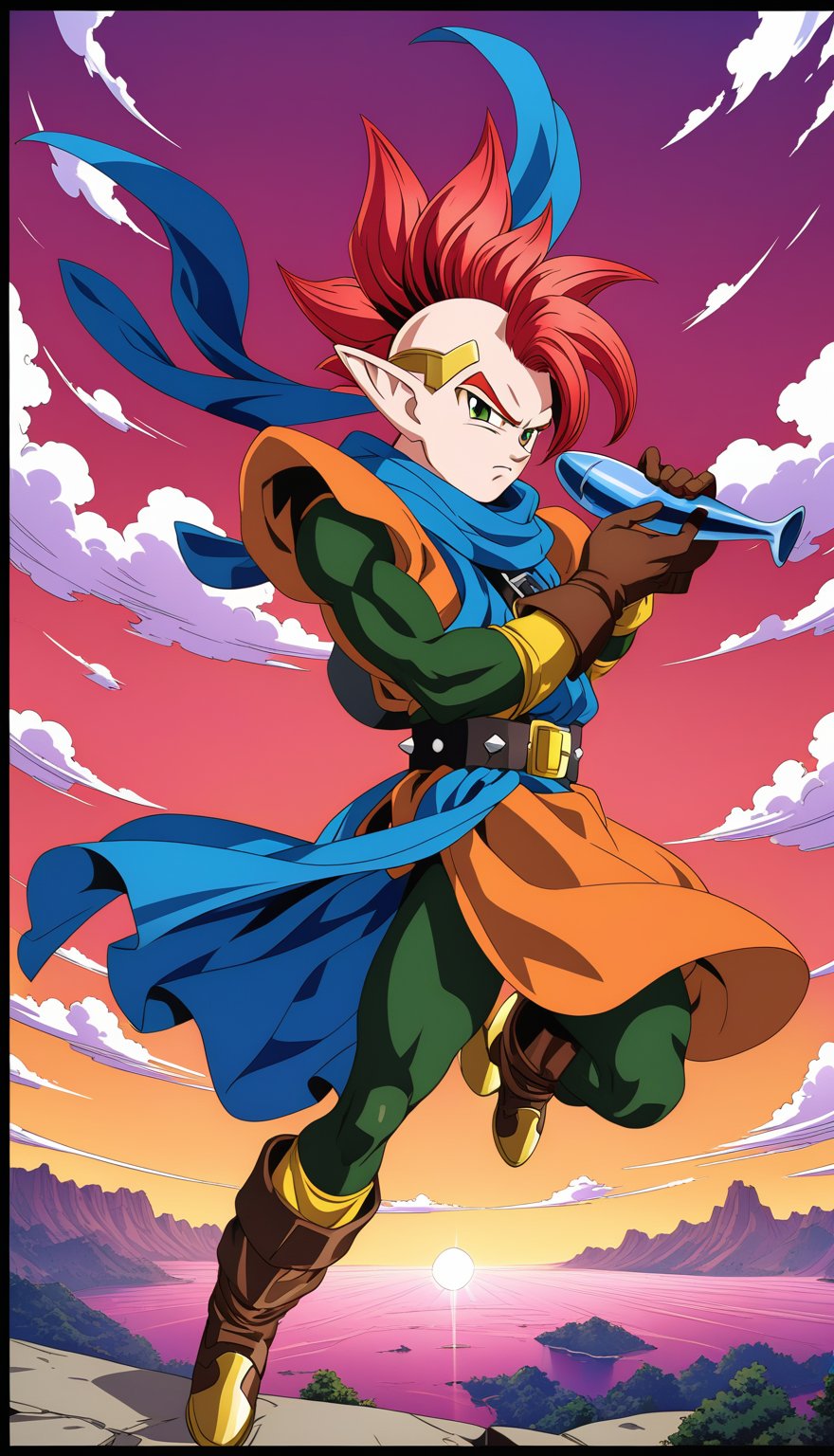 1boy, Tapion, character, Anime series Dragon Ball Z, style design Akira Toriyama, male focus, serious, frown, perfect facial features, colored skin, green eyes, pointy ears, front view, spiked hair, red hair, cloud, belt, tunic, full body, boots, instrument, blue scarf, brown gloves, circlet, full body, standing, playing his ocarina, red sky, 1990s \(style\), retro artstyle, perfect lines, perfect color, perfect, hyper detailed, artstyle, official style, cartoon,Perfect proportions, Strong brightness, intricate details, vibrant colors, detailed shadows, perfect borders,PNG image format, sharp lines and borders, solid blocks of colors, over 300ppp dots per inch, (anime:1.9), 2D, High definition RAW color professional photos, photo, masterpiece, ProRAW, high contrast, digital art trending on Artstation ultra high definition detailed anime, detailed, hyper detailed, best quality, ultra high res, high resolution, detailed, sharp re, lens rich colors, ultra sharp, (sharpness, definition and photographic precision), (blur background, clean and uncluttered visual aesthetics, sense of depth and dimension, professional and polished look of the image), work of beauty and complexity. (aesthetic + beautiful + harmonic:1.5), (ultra detailed background, ultra detailed scenery, ultra detailed landscape:1.5),fidelity and precision,minute detail, clean image, exact image, polished shading, detailed shading, polychromatic tonal scale, wide tonal scale<lora:EMS-356192-EMS:0.800000>