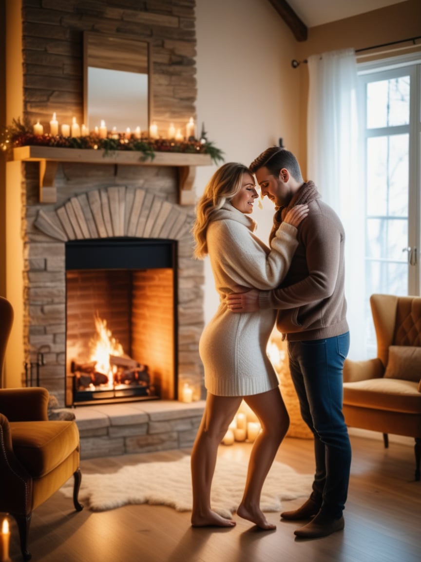 A couple embraces in front of a fireplace, their bodies warm and cozy.,realistic,best quality,