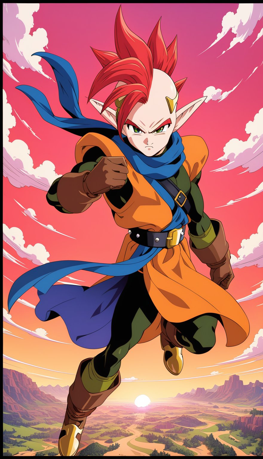 1boy, Tapion, character, Anime series Dragon Ball Z, style design Akira Toriyama, male focus, serious, frown, perfect facial features, colored skin, green eyes, pointy ears, front view, spiked hair, red hair, cloud, belt, tunic, full body, boots, instrument, blue scarf, brown gloves, circlet, full body, standing, red sky, 1990s \(style\), retro artstyle, perfect lines, perfect color, perfect, hyper detailed, artstyle, official style, cartoon,Perfect proportions, Strong brightness, intricate details, vibrant colors, detailed shadows, perfect borders,PNG image format, sharp lines and borders, solid blocks of colors, over 300ppp dots per inch, (anime:1.9), 2D, High definition RAW color professional photos, photo, masterpiece, ProRAW, high contrast, digital art trending on Artstation ultra high definition detailed anime, detailed, hyper detailed, best quality, ultra high res, high resolution, detailed, sharp re, lens rich colors, ultra sharp, (sharpness, definition and photographic precision), (blur background, clean and uncluttered visual aesthetics, sense of depth and dimension, professional and polished look of the image), work of beauty and complexity. (aesthetic + beautiful + harmonic:1.5), (ultra detailed background, ultra detailed scenery, ultra detailed landscape:1.5),fidelity and precision,minute detail, clean image, exact image, polished shading, detailed shading, polychromatic tonal scale, wide tonal scale<lora:EMS-356192-EMS:0.800000>