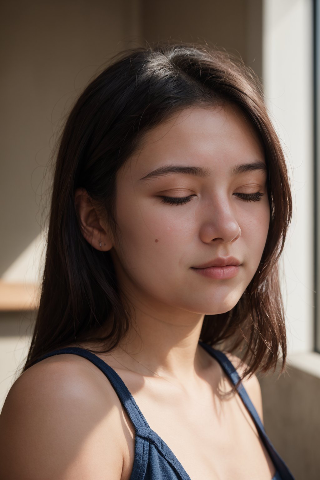 photo of a 18 year old girl, closed eyes, facing viewer,ray tracing,detail shadow,shot on Fujifilm X-T4,85mm f1.2,depth of field, realistic,