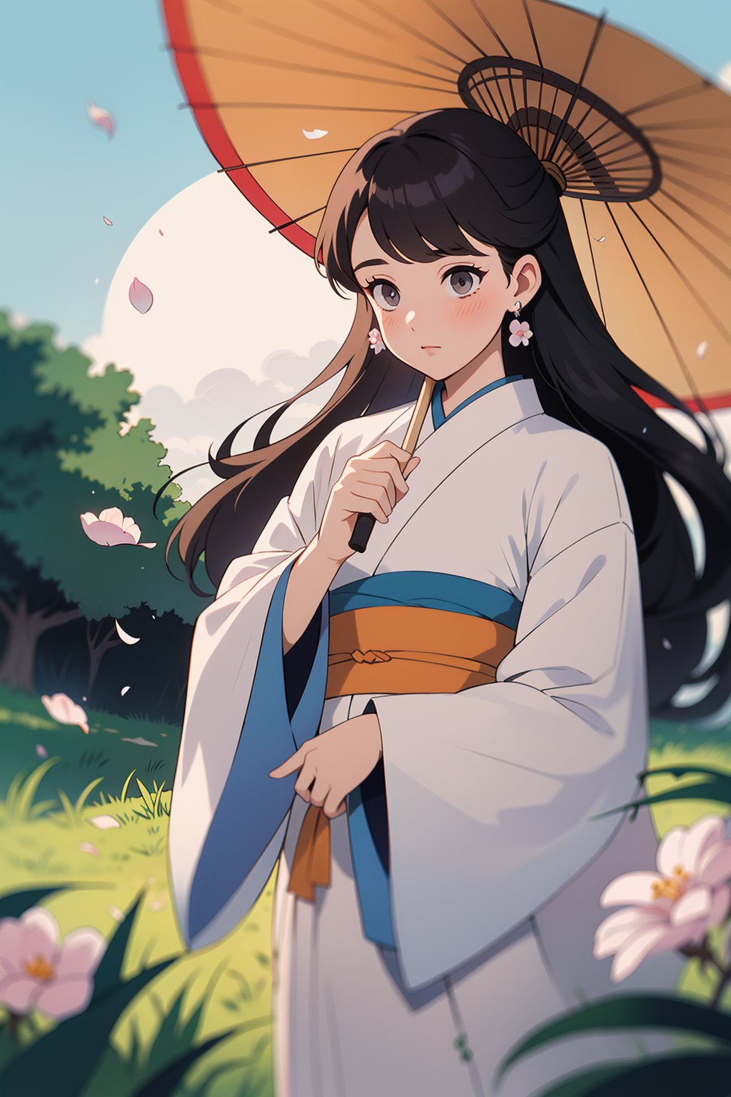 a cute ghost girl is floating in the night sky with a bamboo umbrella, wearing a flowery kimono, art by fuji choko, sharp focus, highly detailed, incredible quality, artstation  bangs, blurry, blush, brown hair, cloud, cloudy sky, commentary request, depth of field, falling petals, floral print, flower, frilled sleeves, frills, full moon, grass, grey eyes, highres, holding, japanese clothes, kanzashi, leaf, light particles, long hair