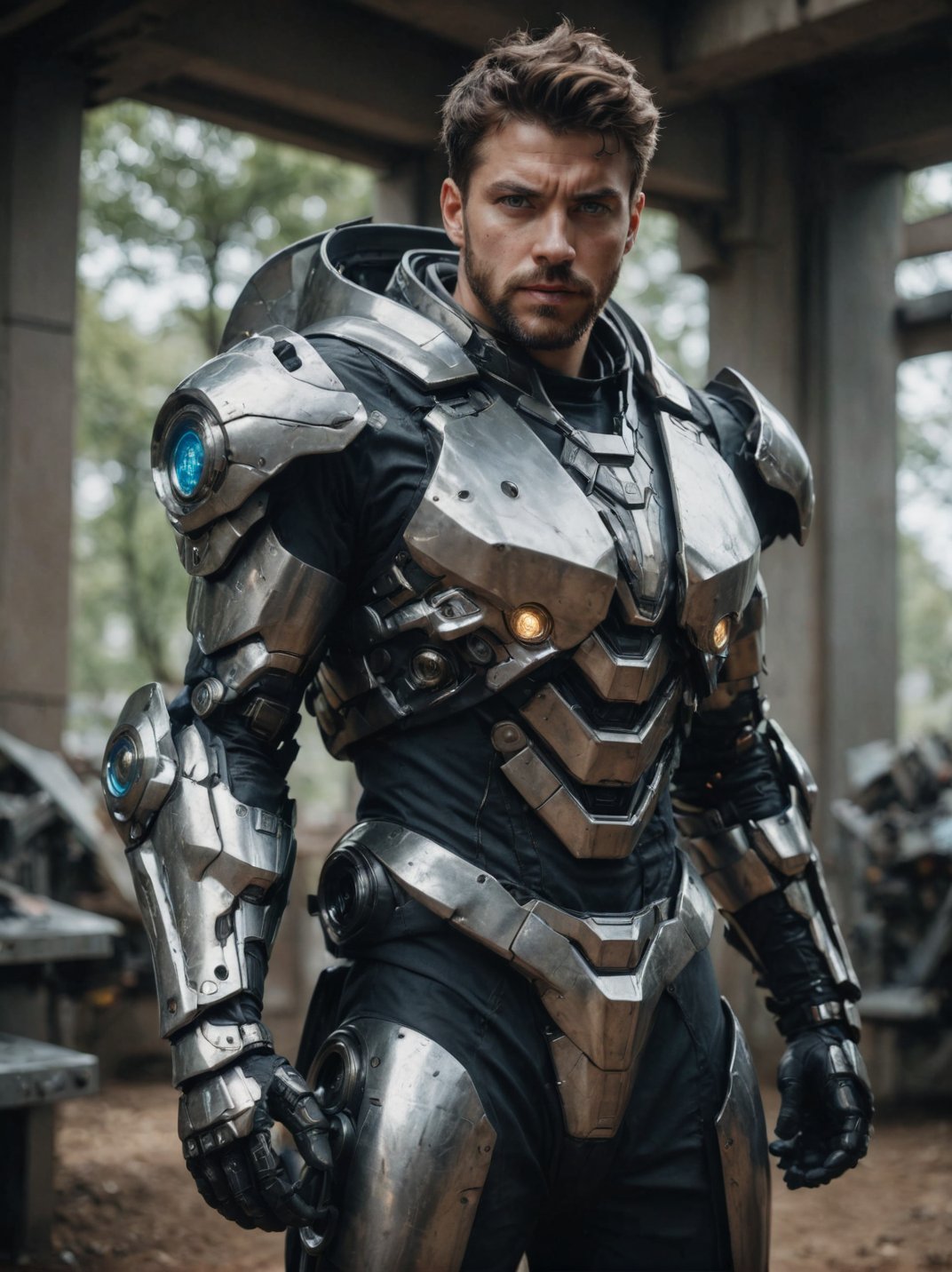 (masterpiece, best quality, ultra-detailed, best shadow), cinematic film still, photo of a man wearing a high tech scifi armor, mecha armor, male focus, armor, solo, facial hair, cape, beard, looking at viewer, blue eyes, blurry background, power armor, knee protection, standing, brown hair, science fiction  <lora:aesthetic_anime_v1s:1.2>