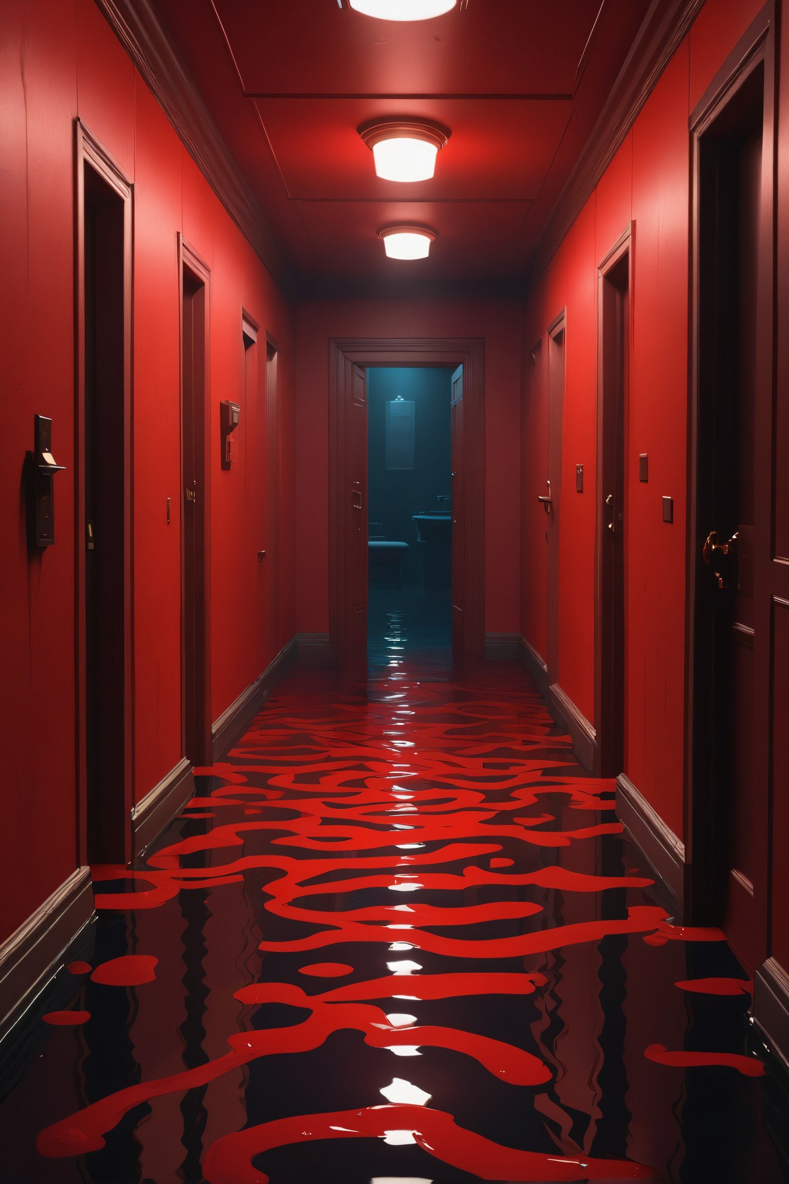 labyrinthine room, dark corridor, a room is flooded with water with red floor, in the style of pixar animation, trending on artstation, high detail