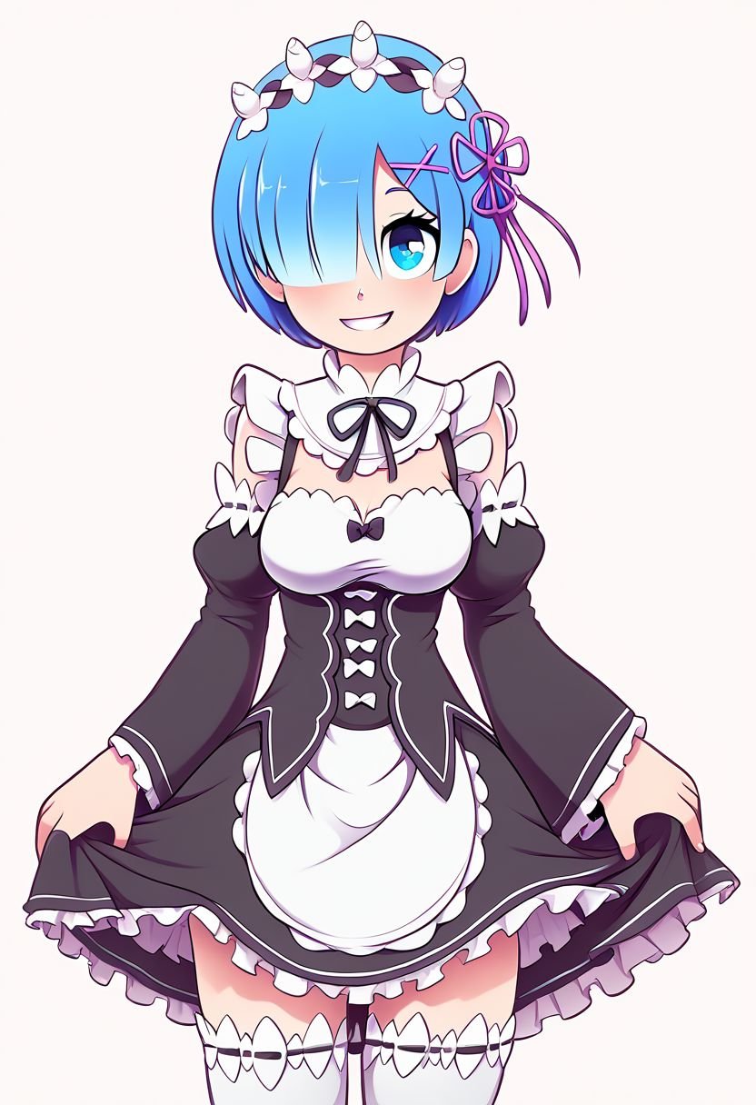 high resolution, score_9, score_8_up, score_8, medium breasts, cute, eyelashes , rem, blue eyes, blue hair, hair ornament, hair over one eye, hair ribbon, short hair, x hair ornament, apron, black ribbon, black skirt, black sleeves, detached collar, detached sleeves, flower, frilled apron, frilled skirt, frills, head wreath, long sleeves, maid, miniskirt, neck ribbon, purple ribbon, ribbon, ribbon trim, ribbon-trimmed sleeves, roswaal mansion maid uniform, short hair, skirt, thighhighs, waist apron, white apron, white thighhighs,solo, smile, looking at viewer, cowboy shot,