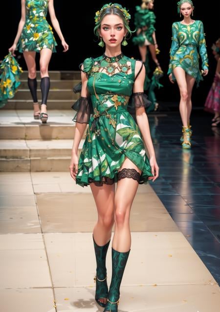 (masterpiece, best quality:1.4), ((fashion show)), RAW photo, 1girl, green pattern dress, kneehighs,  <lora:add_detail:0.5>