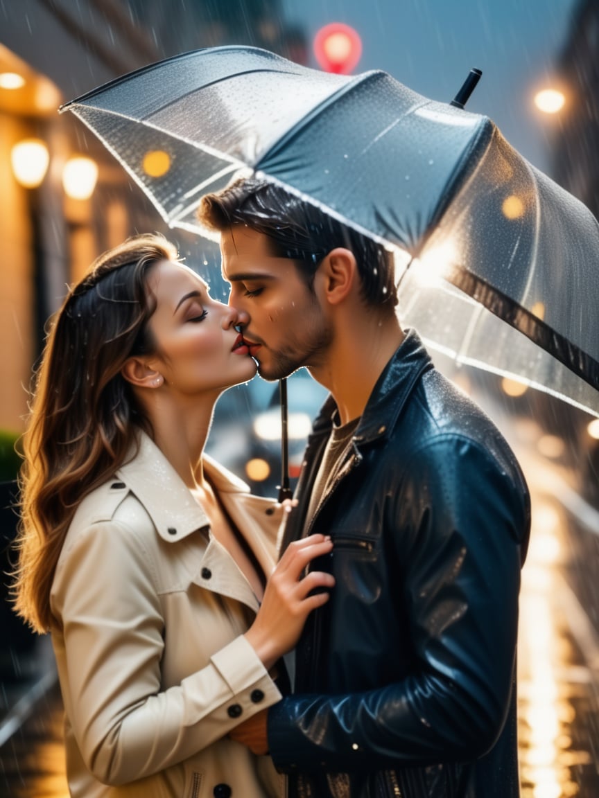 A couple kisses in the rain, their lips glistening with wetness.,realistic,best quality,