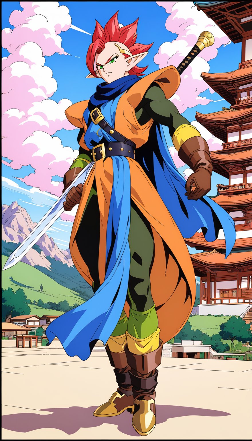 1boy, Tapion, character, Anime series Dragon Ball Z, style design Akira Toriyama, male focus, serious, frown, perfect facial features, colored skin, green eyes, pointy ears, spiked hair, red hair, cloud, belt, tunic, full body, boots, instrument, sword, blue scarf, brown gloves, circlet, full body, standing, playing instrument, 1990s \(style\), retro artstyle, perfect lines, perfect color, perfect, hyper detailed, artstyle, official style, cartoon,Perfect proportions, Strong brightness, intricate details, vibrant colors, detailed shadows, perfect borders,PNG image format, sharp lines and borders, solid blocks of colors, over 300ppp dots per inch, (anime:1.9), 2D, High definition RAW color professional photos, photo, masterpiece, ProRAW, high contrast, digital art trending on Artstation ultra high definition detailed anime, detailed, hyper detailed, best quality, ultra high res, high resolution, detailed, sharp re, lens rich colors, ultra sharp, (sharpness, definition and photographic precision), (blur background, clean and uncluttered visual aesthetics, sense of depth and dimension, professional and polished look of the image), work of beauty and complexity. (aesthetic + beautiful + harmonic:1.5), (ultra detailed background, ultra detailed scenery, ultra detailed landscape:1.5),fidelity and precision,minute detail, clean image, exact image, polished shading, detailed shading, polychromatic tonal scale, wide tonal scale<lora:EMS-356192-EMS:0.800000>