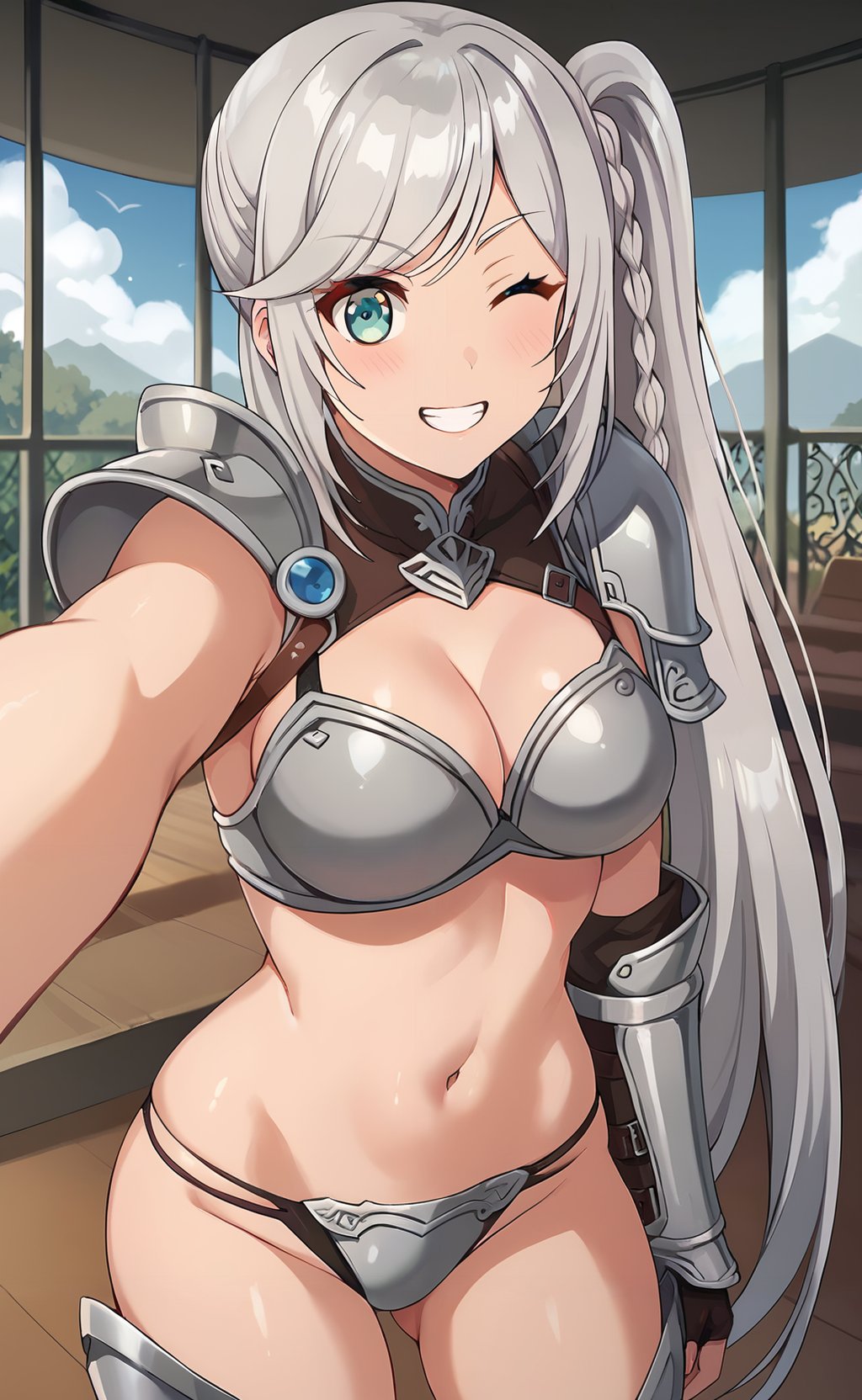 score_9, score_8_up, score_7_up,  <lora:Livia_de_Udis:1>, livia_wz, very long hair, side ponytail, grey hair, heterochromia,  blue eyes, green eyes, braid, armor, bikini armor, shoulder armor, pauldrons, navel, cosplay, cowboy shot, pov, selfie, one eye closed, :D, teeth, v, convention, 